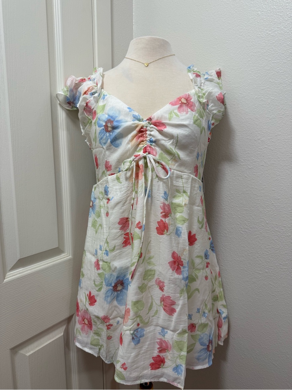 Old Navy White Floral Tie-Front Sundress with Pink, Blue, Green Print